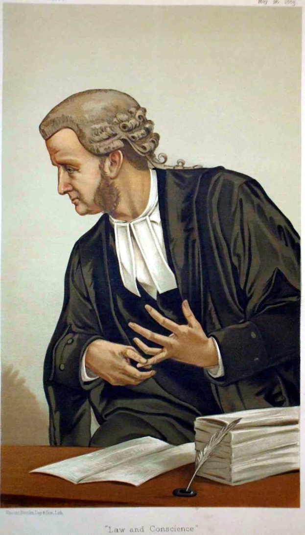 Ein Mann in einer schwarzen Robe sitzt an einem Tisch mit Büchern und einer Feder-Schreibfeder, mit Text, der unten "Recht und Gewissen der Vereinigten Staaten" lautet.