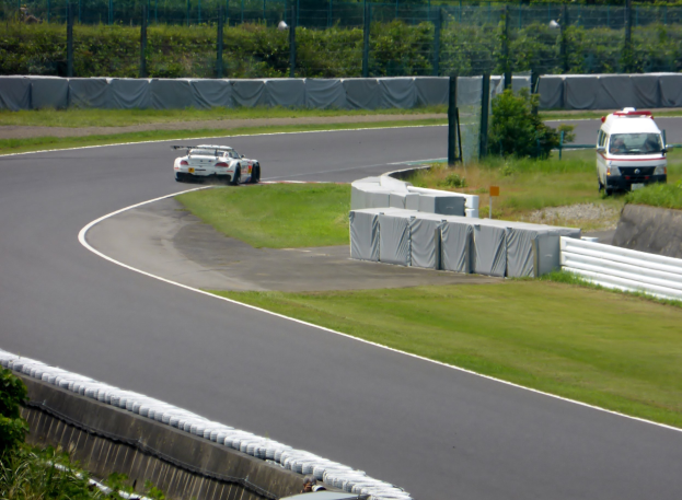 Ein Rennwagen fährt auf einer Rennstrecke mit einem Polizeiwagen im Hintergrund, umgeben von Gras, Pflanzen, Bäumen und Absperrungen, und einem Fahrzeug auf der rechten Seite des Bildes.