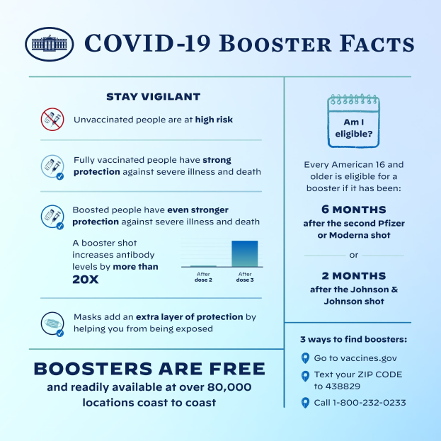 Plakat mit Text und Bildern, das Fakten zum Covid-19-Booster bereitstellt, einschließlich Fallzahlen, Virusart, Risiken und einer Grafik einer Person mit Mund-Nasen-Schutz.