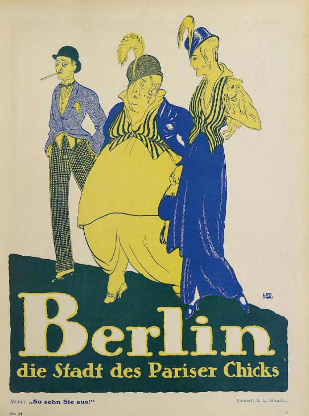 Plakat für ein Berliner Konzert mit dem Titel "Berlin - Die Stadt des Pariser Chicks", das eine Gruppe von Menschen in bunten Kleidern vor einem Gebäude zeigt.
