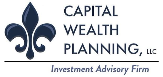 Logo von Capital Wealth Planning, LLC: ein blauer Kreis mit weißer Umrandung und 'C' in der Mitte, umgeben von einem weißer Ring mit 'Capital Wealth Planning' in blau und 'Investment Advisory Firm' in weißer Schrift darunter.