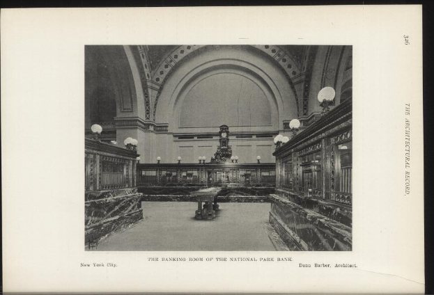 Schwarze und weiße Fotografie des Bankettsaals der National Park Bank in New York City, mit Tischen, Lampen, einer Uhr an der Wand und Text am unteren Rand.