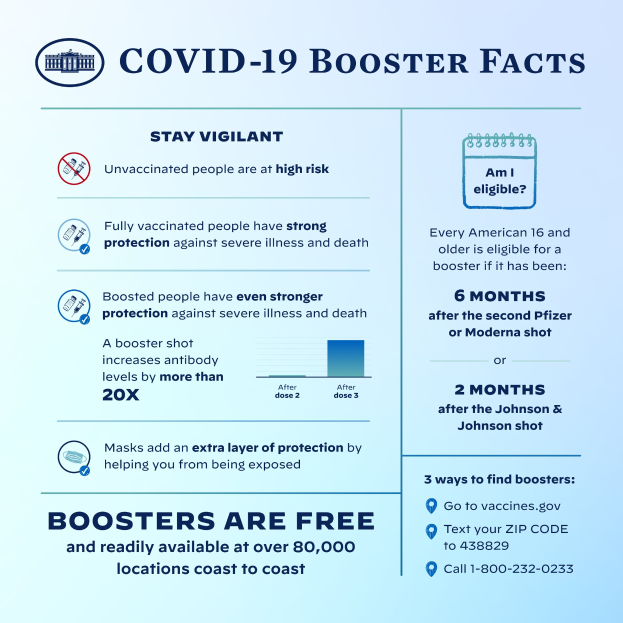 Ein Plakat mit Text und Bildern über Covid-19-Booster-Fakten, einschließlich Statistiken, Virus-Typ, potenzielle Risiken und eine Grafik einer Person mit Mund-Nasen-Schutz.