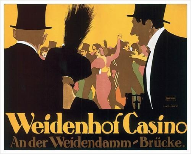 Plakat zum Weidenhof Casino in Brücke, Deutschland, mit schwarzem Rand, fetter 'Weidenhof'-Schrift oben und einer Illustration von tanzenden und feiernden Menschen.