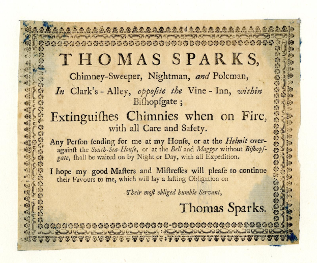 Zeitungsannonze für Thomas Sparks mit seinen Dienstleistungen als Kaminfeger, Nachtmann und Pfahlmann, mit Adresse in Clark's Alley nahe dem Vine-Inn in Bishopsgate und einem Versprechen, Kaminbrände sicher zu löschen.