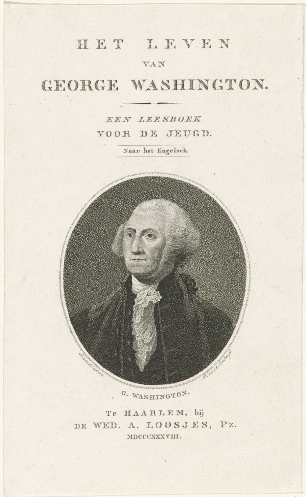 Porträt von George Washington auf Papier mit Text, der nach vorne schaut und einen ernsten Ausdruck hat, trägt einen Anzug und eine Krawatte mit zurückgekämmtem Haar.