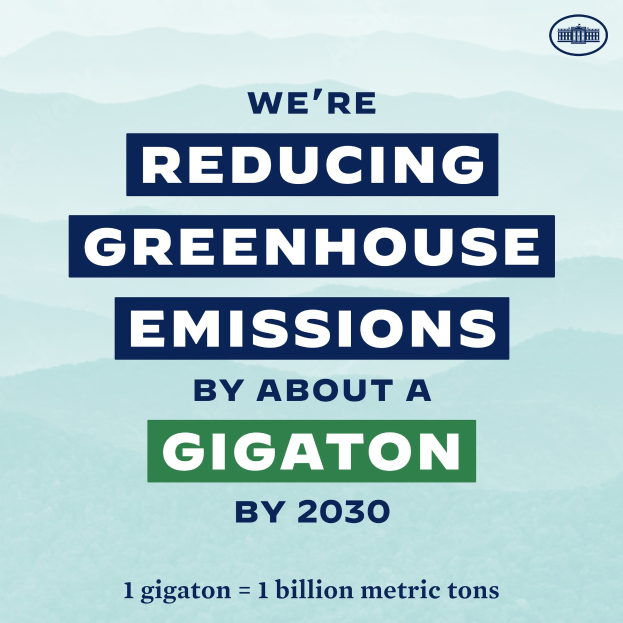 Plakat mit Text und Logo, das "Wir reduzieren die Treibhausgasemissionen um etwa eine Gigatonne bis 2030" fordert und für eine signifikante Reduzierung der Treibhausgase bis 2030 wirbt.