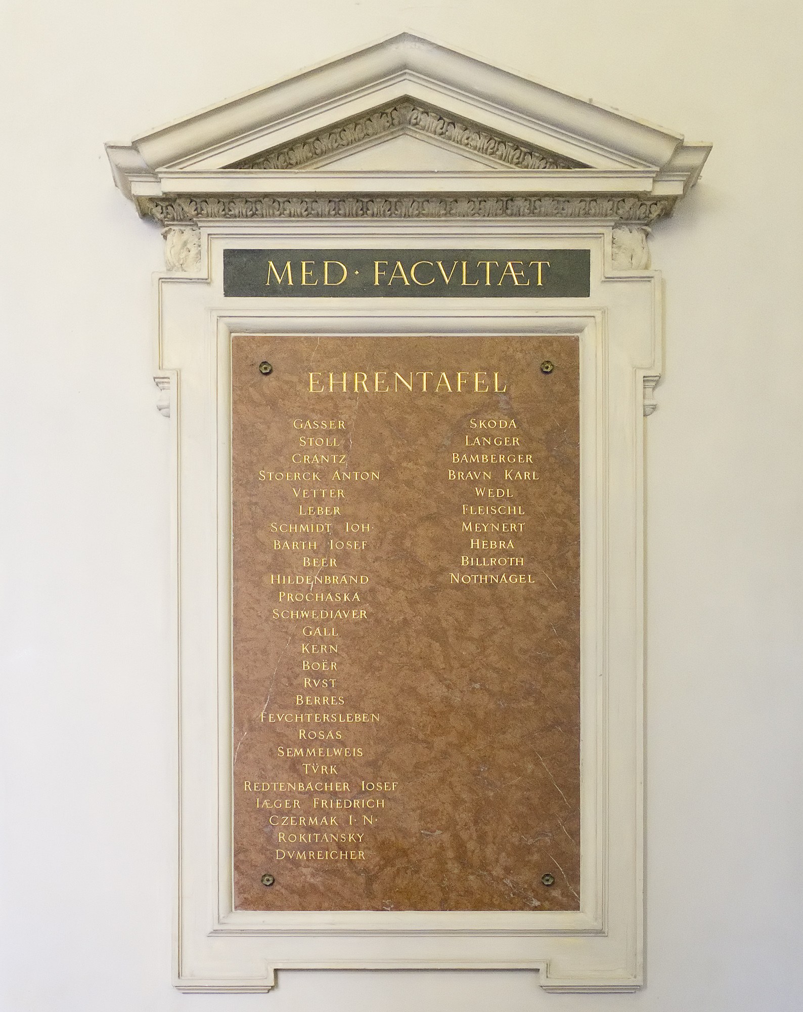 Ein rechteckiges weißes Schild mit schwarzer fetter Schrift, auf dem "Med Facilitat" steht, an einer Gebäudewand angebracht.