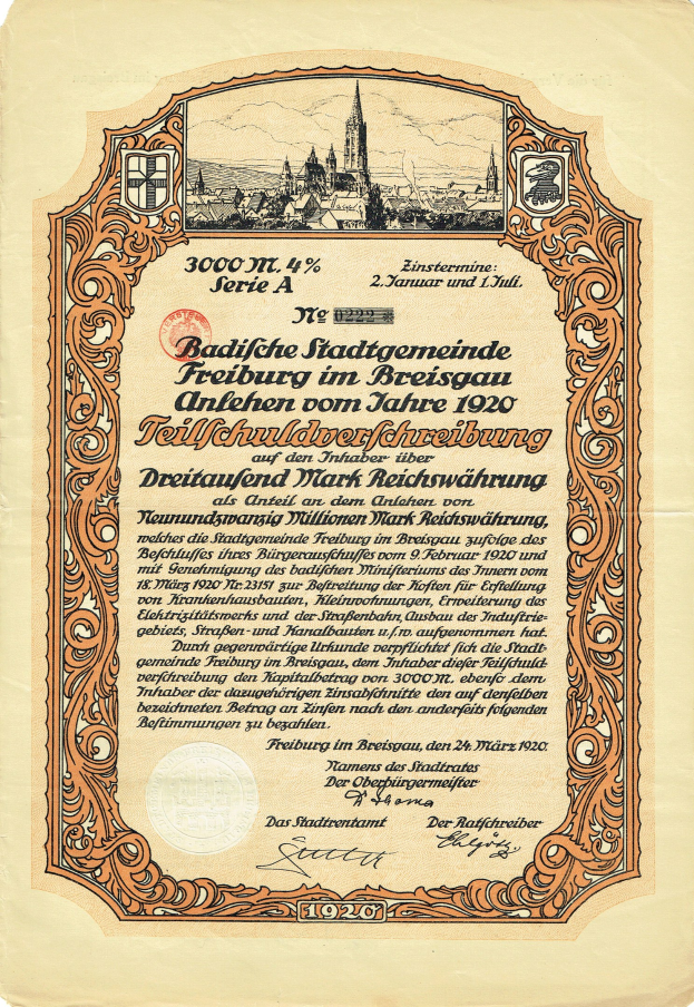 Altes deutsches Wertpapier mit einer Stadtansicht und gedrucktem Text, der wahrscheinlich seinen Ursprung beschreibt.