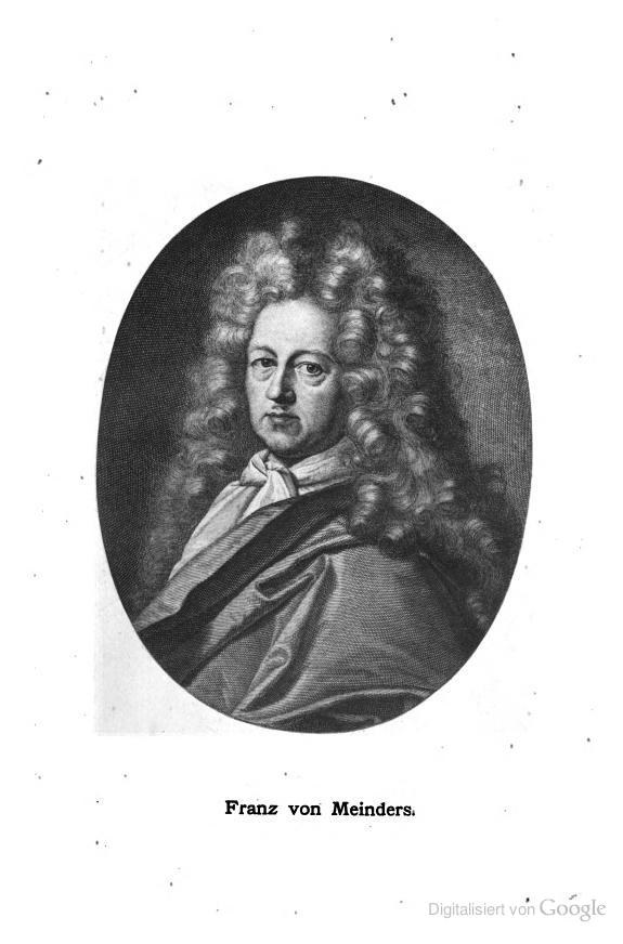 Schwarzes und weißes Porträt von Franz von Meinders, einem deutschen Komponisten mit langen Locken, begleitet von deutschem Text unten.