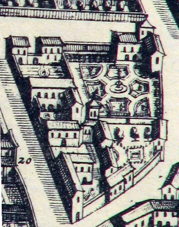 Eine Zeichnung einer dichten Stadtlandschaft mit einem zentralen Haus umgeben von zahlreichen Gebäuden.