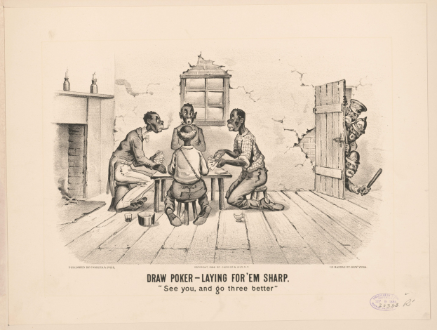 Gruppe von Menschen an einem Tisch Poker spielend mit einer Wand, einem Fenster, einer Tür und verschiedenen Gegenständen im Hintergrund, mit Text, der unten lautet "Draw Poker - Laying for 'em Sharp".