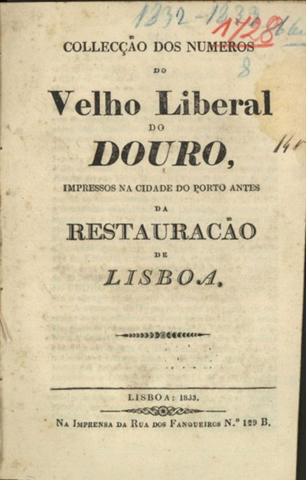 Titelblatt eines alten Buches mit der Aufschrift "Velho Liberal do Douro" vor schwarzem Hintergrund.