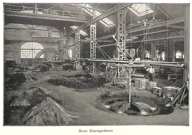 Schwarzes und weißes Foto einer Fabrikhalle mit Arbeitern an Maschinen, umgeben von Metallstangen und -rohren, beschriftet mit "Neue Eisengießerei, die erste Fabrik Deutschlands" unten.