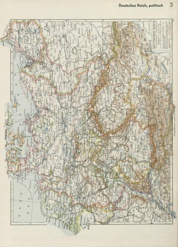 Alte Karte von Deutschland aus dem 19. Jahrhundert, die politische Grenzen zeigt, auf altem Papier mit Text oben und unten gedruckt.