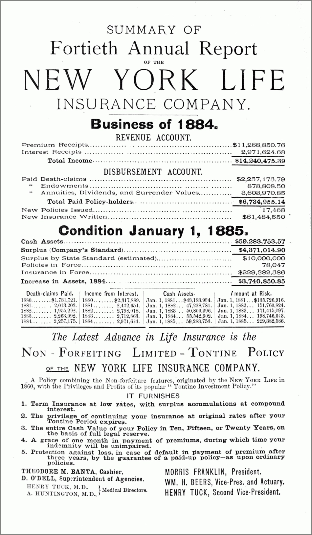 Schwarzes und weißes Papier mit dem Text "New York Life Insurance Company, Geschäft von 1884", das den Jahresbericht des Unternehmens von 1884 zusammenfasst.