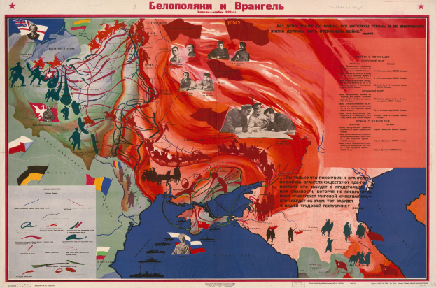 Plakat, das Karten des sowjetischen Reichs und des russischen Reichs mit detaillierten Kriegsbildern und Texten vergleicht.