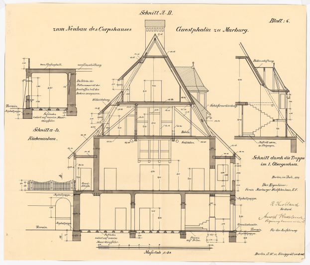 Ein detailliertes architektonisches Drawing eines Hauses mit zahlreichen Fenstern und einem Dach, das als erstes Haus in Deutschland gilt, begleitet von Text und strukturellen Plänen auf altem Papier.