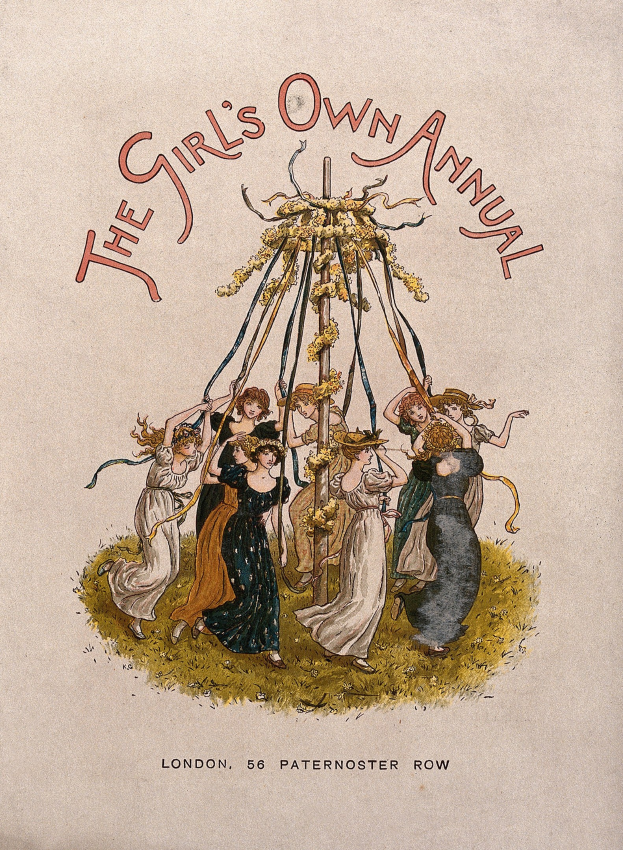 Illustration aus 'The Girl's Own Annual', die Menschen beim Tanzen um einen geschmückten Maibaum zeigt.
