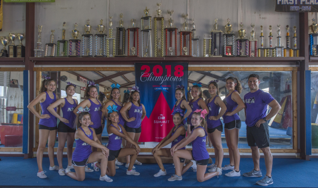 Gruppe von Cheerleadern in lila T-Shirts und schwarzen Shorts, die vor einem Trophy-Vitrinenregal mit einem Banner "2018 Summit Cheerleading Champions" im Hintergrund posen.