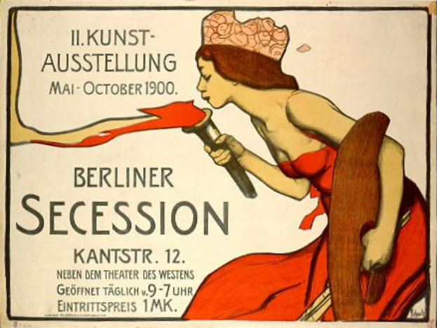 Plakat für die Berliner Secession 1900, das eine Frau in rotem Kleid zeigt, die ein Objekt hält, mit Text zu den Ereignissen.