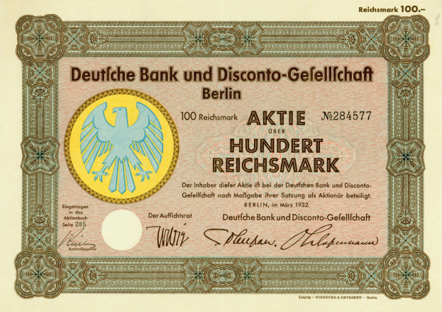 Alte deutsche Banknote mit einer Vogeldarstellung und dem Text "Deutsche Bank und Disconto-Gesellschaf Berlin"