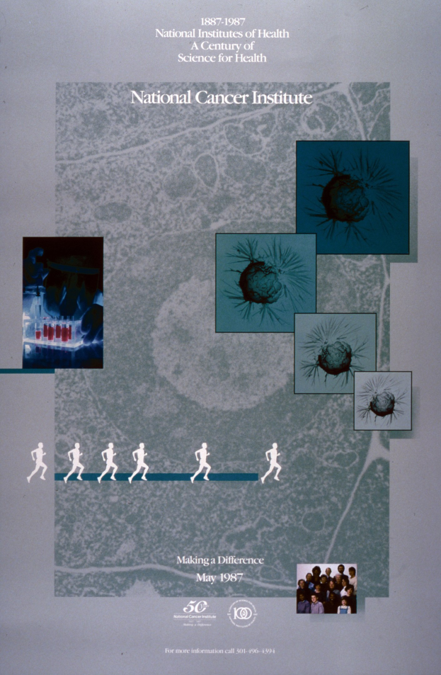 Hellbuntes Plakat für das National Cancer Institute mit blauem Hintergrund und weißer Schrift, das ein Kreis von überlappenden, lächelnden Bildern von verschiedenen Menschen um den Titeltext zeigt.