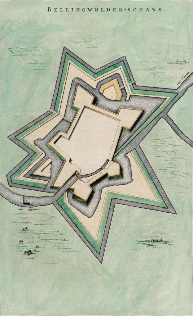 Ein detailliertes Plakat mit einer Karte von Bellingwolderschans, Deutschland, mit Straßen, Gebäuden und Sehenswürdigkeiten sowie begleitendem Text über die Geschichte, Kultur und Attraktionen der Stadt.