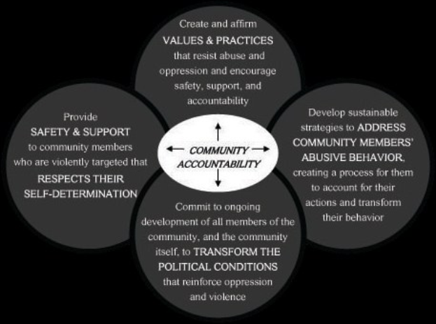 Ein Diagramm mit der Bezeichnung "Gemeinschaftliche Rechenschaftspflicht", das einen zentralen Kreis zeigt, der durch Pfeile mit drei überlappenden Kreisen verbunden ist, alles in kräftigen, leuchtenden Farben.