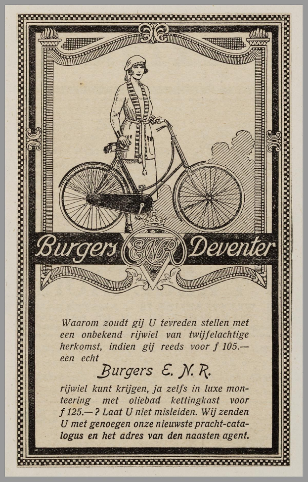 Alte Werbetafel für Burgers Deventer zeigt eine Frau auf einem Fahrrad mit Text über dessen Eigenschaften.