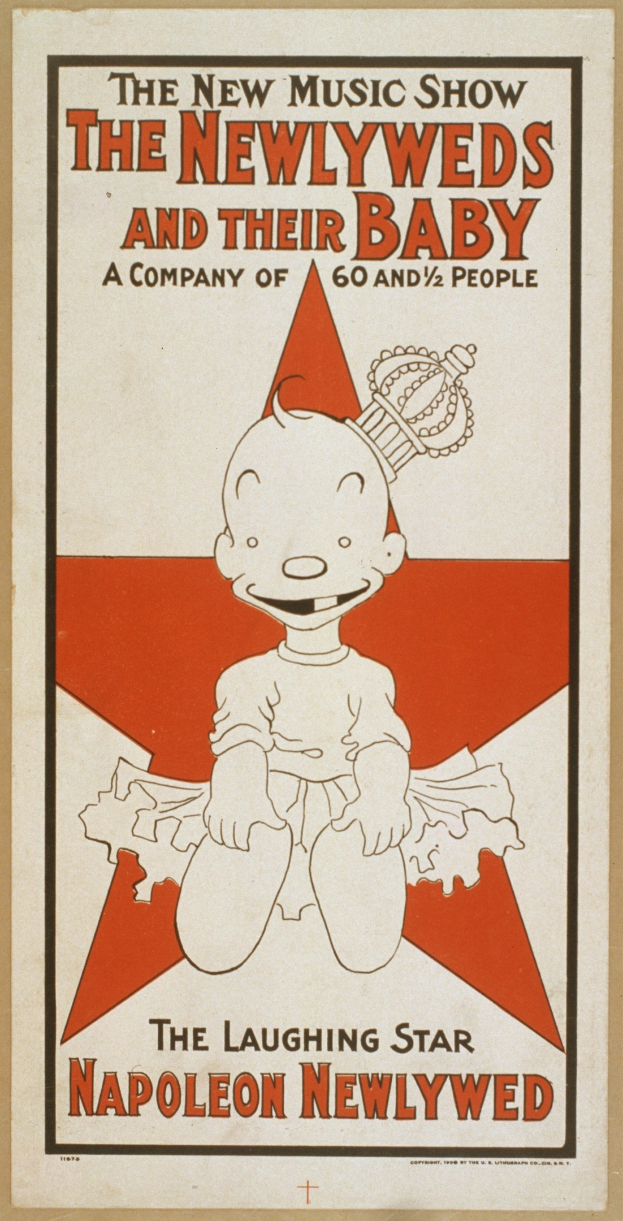 Plakat für "The New Music Show: The Newlyweds and Their Baby" mit einer Cartoon-Baby in einem wei├čen Body mit einer pinken Schleife, das gegen einen hellblauen Hintergrund mit verstreuten Sternen l├Ąchelt.