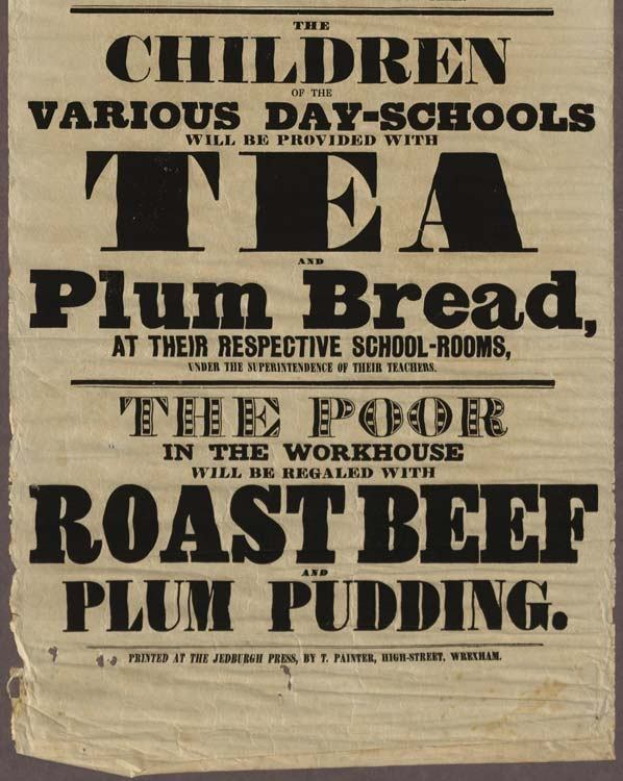 Ein Blatt mit Text, auf dem steht, dass Kinder aus verschiedenen Tagesschulen Tee, Pflaumenbrot, Rinderbraten und Pflaumenpudding erhalten werden.