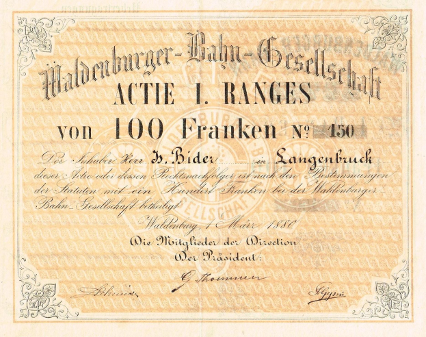 Alte deutsche Banknote mit einem Männerporträt und der Aufschrift "Haldenburger-Balm Gesellschaft Actie 1 Ranges".