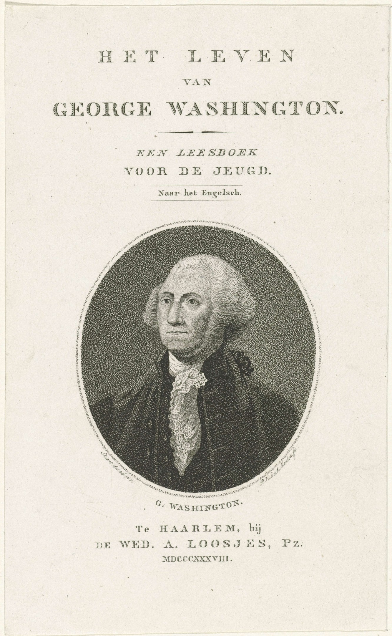 Porträt von George Washington auf Papier mit Text, der nach vorne schaut und einen ernsten Ausdruck hat, gekleidet in Anzug und Krawatte.