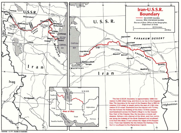 Detailierte Plakatkarte der iranisch-sowjetischen Grenze mit geografischen Merkmalen und Landesgrenzen sowie erklärendem Text.