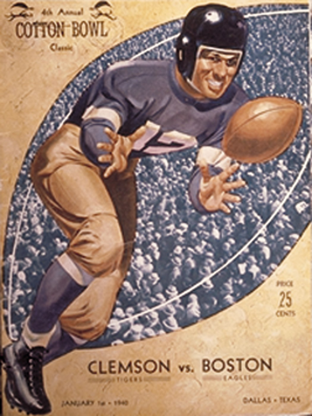 Ein Plakat eines Football-Spielers in einem Helm, der einen Football hält, mit der Aufschrift "Cotton Bowl Cleveland vs Boston" darüber.