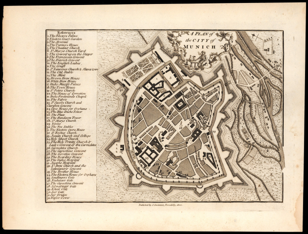 Detailiertes altes Stadtplan von München, Deutschland, mit Straßen, Gebäuden und Sehenswürdigkeiten auf einem schwarzen Hintergrund, einschließlich Textbeschriftungen für Orte.