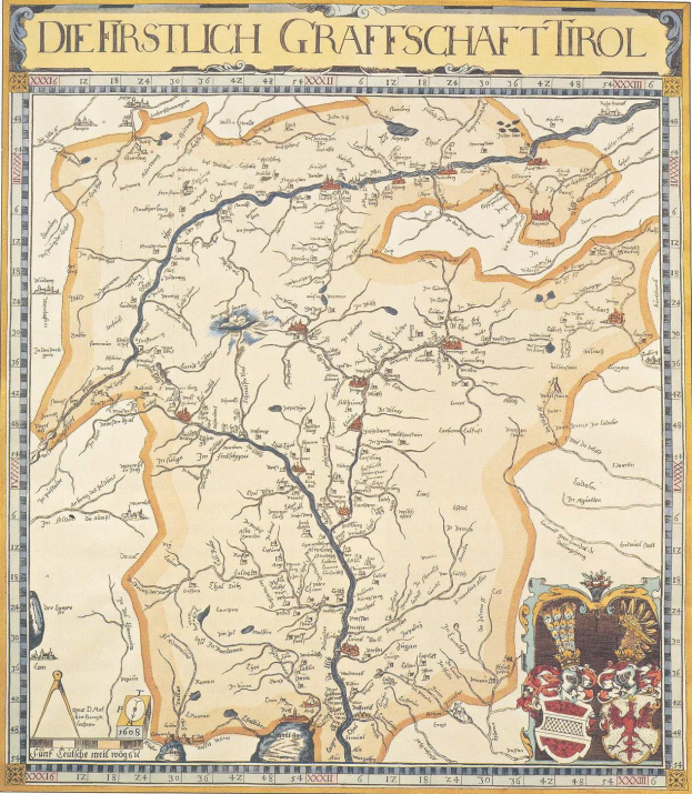 Ausführliches historisches Plakat der ersten Grafschaft Tirol mit einer Karte mit geografischen Merkmalen, Städten und begleitendem Text über die Region und ihre Bewohner.