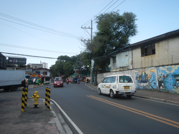 Stadtstraße mit fahrenden Fahrzeugen, einem Hydranten, Pollern, Gebäuden, Bäumen, Versorgungsmasten mit Drähten und Himmel im Hintergrund.