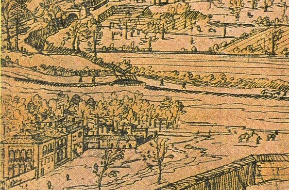 Ein detailliertes Stadtbild mit einer gewundenen Flusslandschaft, umgeben von üppigen grünen Bäumen und hohen Gebäuden, die eine friedliche Atmosphäre vermitteln.