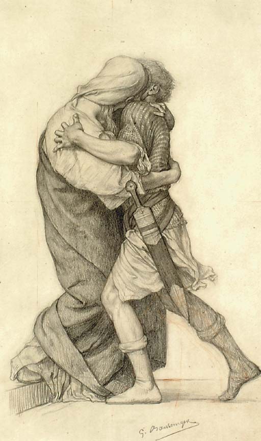 Eine Zeichnung eines Mannes und einer Frau, die sich in einem Kuss umarmen, wobei der Mann ein Schwert hält, und ein Text unten.