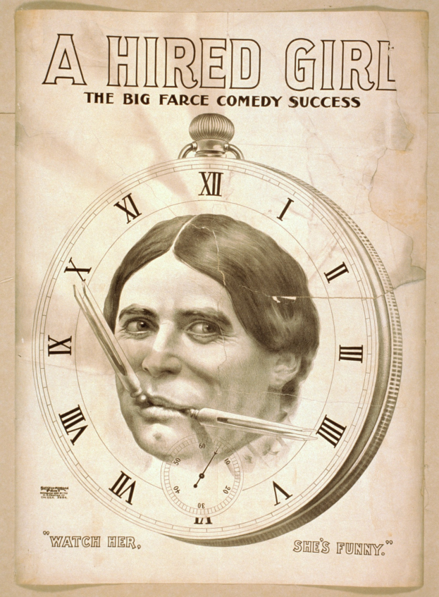 Plakat für "Eine angestellte Frau: Die große Farce-Comedy-Erfolg" mit einer Person mit entschlossener Miene und einer Uhr im Hintergrund.