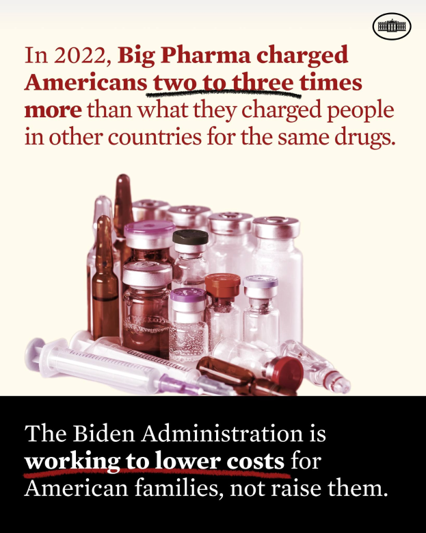 Plakat, das zeigt, dass Big Pharma 2022 Amerikaner:innen zwei bis drei Mal so viel für dieselben Medikamente berechnet hat wie in anderen Ländern, mit Bildern von Medikamentenflaschen und einer Spritze darunter.