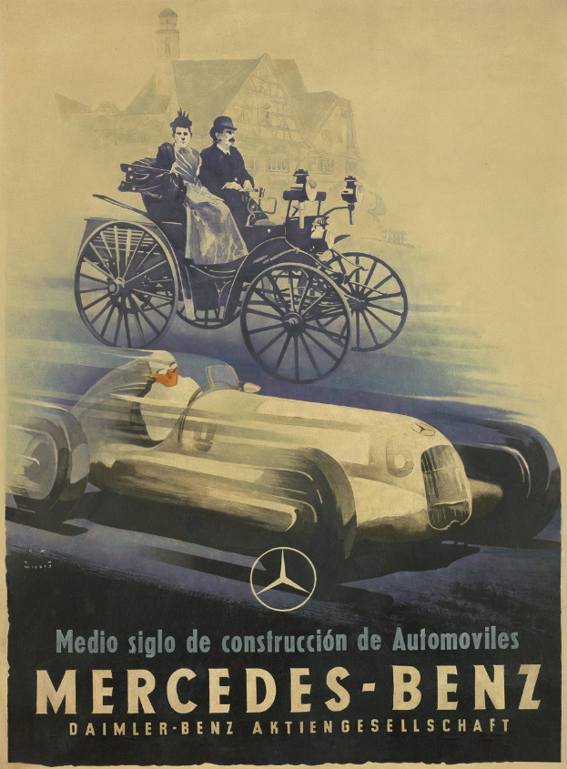 Vintage-Mercedes-Benz-Werbung aus den 1930er-Jahren mit einem Plakat, das ein Auto, zwei Personen im Inneren und ein Geb├Ąude im Hintergrund zeigt, begleitet von beschreibendem Text.