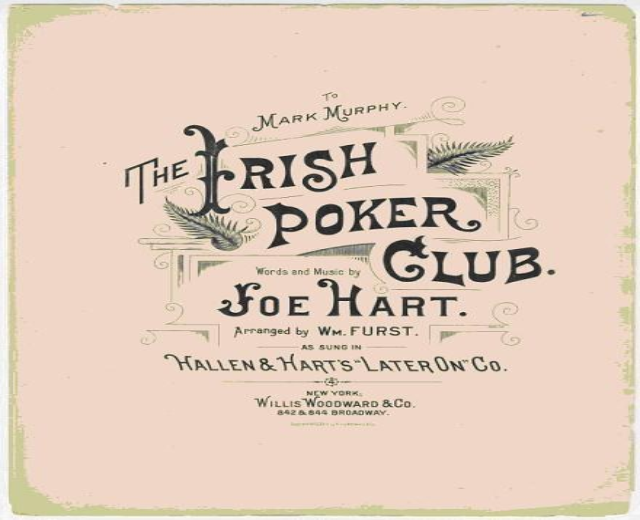 Ein Plakat mit der Aufschrift "The Irish Poker Club" in fetter schwarzer Schrift auf einem weißen Hintergrund, eingerahmt von einem schmalen schwarzen Rand, mit einer bunten Kleeblatt-Illustration.