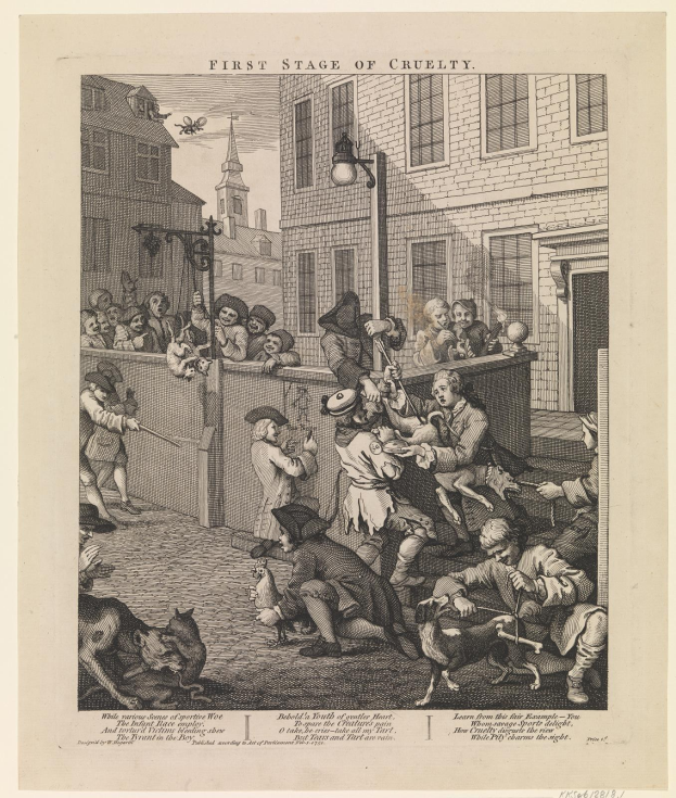 Gruppe von Menschen und Tieren vor einem Gebäude mit Fenstern und einem Laternenmast versammelt, mit dem Text "Erste Stufe der Grausamkeit" unten.