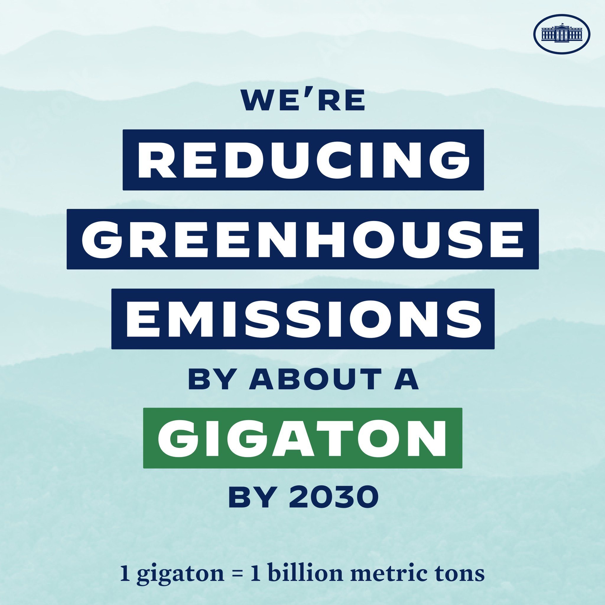 Plakat mit Text und Logo, das 'Wir reduzieren die Treibhausgasemissionen um etwa eine Gigatonne bis 2030' fordert.