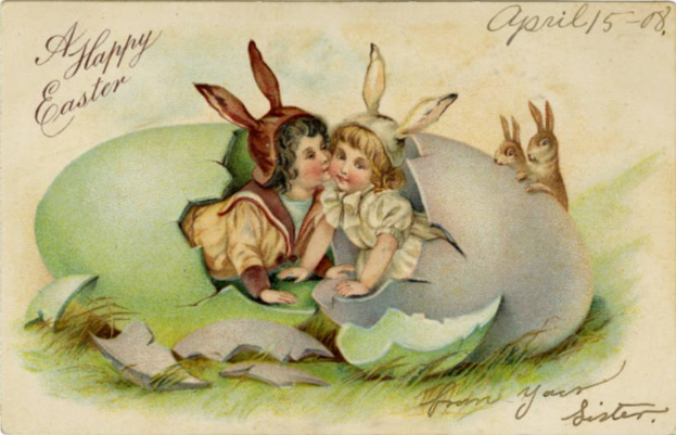Altmodische Ostern-Postkarte mit zwei Kindern in einem Ei mit zwei Kaninchen, begleitet von Text, der einen frohen Ostern wünscht.