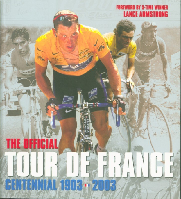 Ein Plakat zum 100-jährigen Jubiläum der Tour de France von 1903 bis 2003, das eine Gruppe von Radfahrern auf Fahrrädern zeigt, mit Text zur Ereignisinformation.