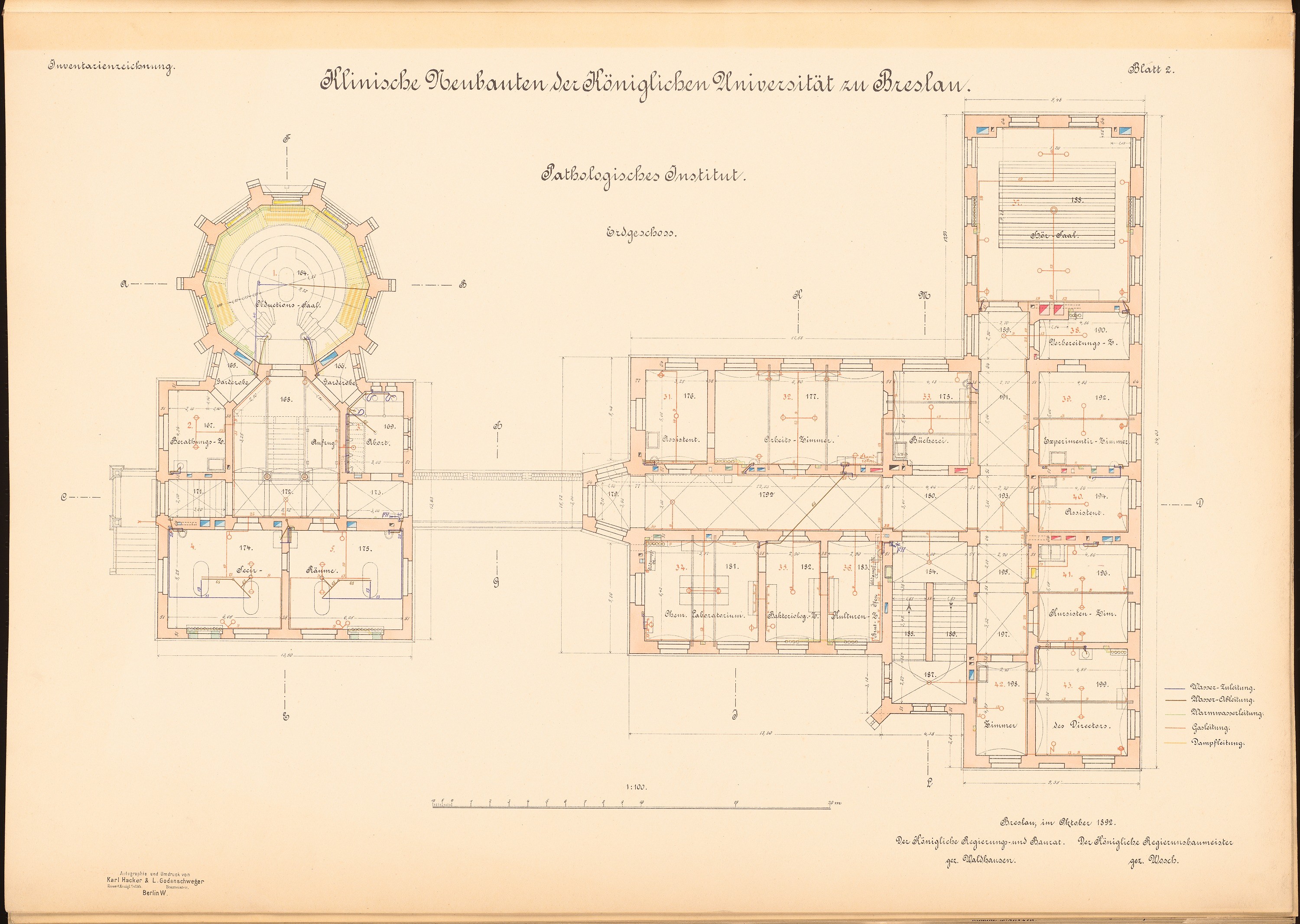 Schwarzes und weißes Architekturzeichnung eines mehrräumigen Gebäudes mit einem Grundriss, der "Universität Dresden" beschriftet ist, und begleitendem handgeschriebenem Text.